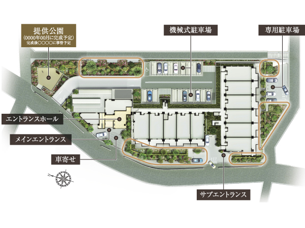 Planting plan woodlands of the image has been put / Site layout image view (2 to 1 floor plan view ・ It is a composite of the third floor of the parking lot, etc.. Also those that caused draw based on the drawings of the planning stage, In fact a slightly different)