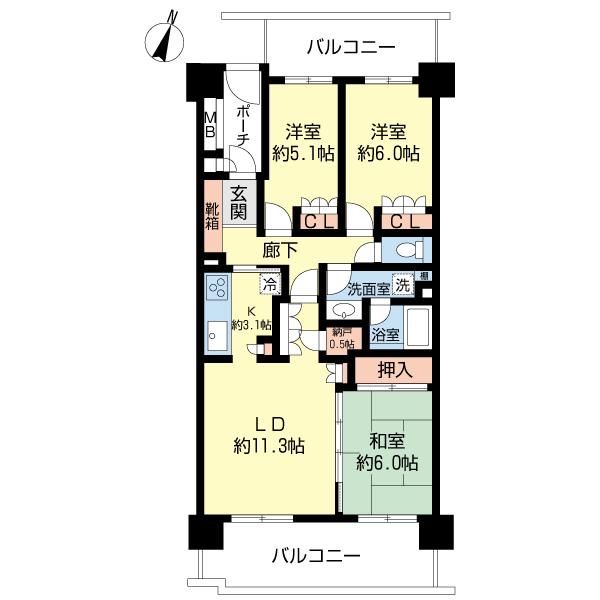 Floor plan. 3LDK, Price 36,900,000 yen, Occupied area 73.45 sq m , Balcony area 22.05 sq m