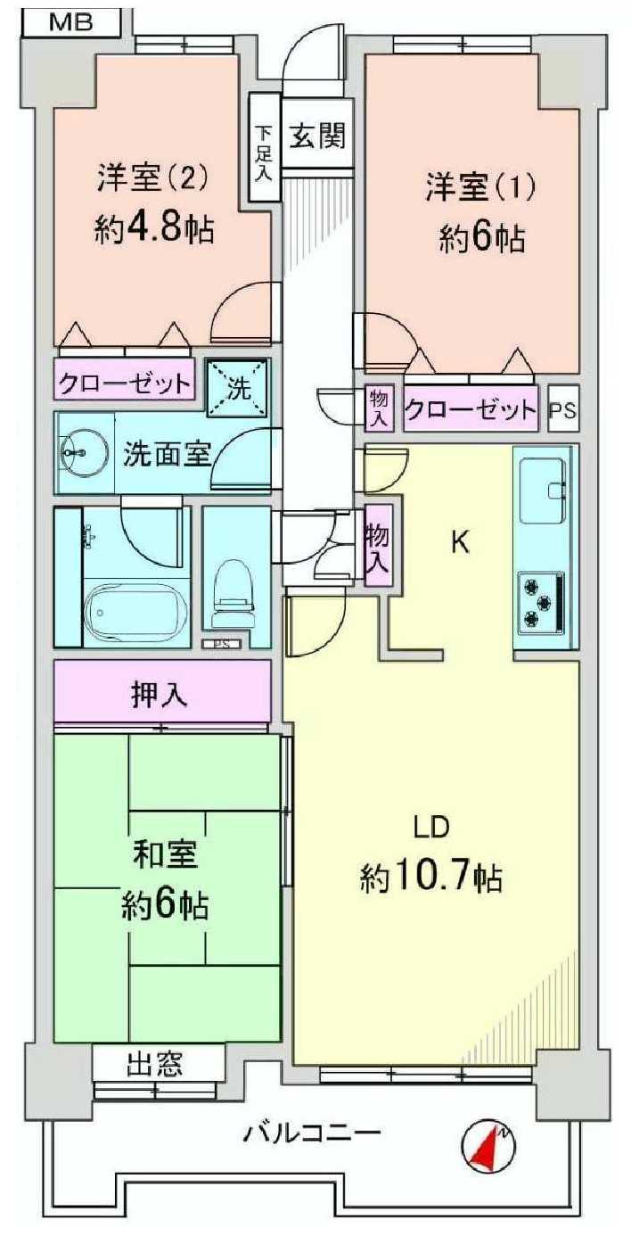 Floor plan. 3LDK, Price 20.8 million yen, Occupied area 69.29 sq m , Balcony area 9.06 sq m 3LDK