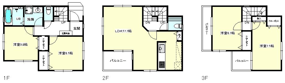 Floor plan. (3 Building), Price 38,300,000 yen, 4LDK, Land area 78.8 sq m , Building area 104.95 sq m
