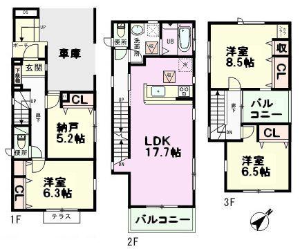 Floor plan. (3 Building), Price 41,800,000 yen, 3LDK+S, Land area 88.37 sq m , Building area 123.16 sq m
