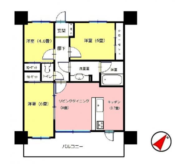Floor plan. 3LDK, Price 29,800,000 yen, Occupied area 61.62 sq m , Balcony area 10.48 sq m