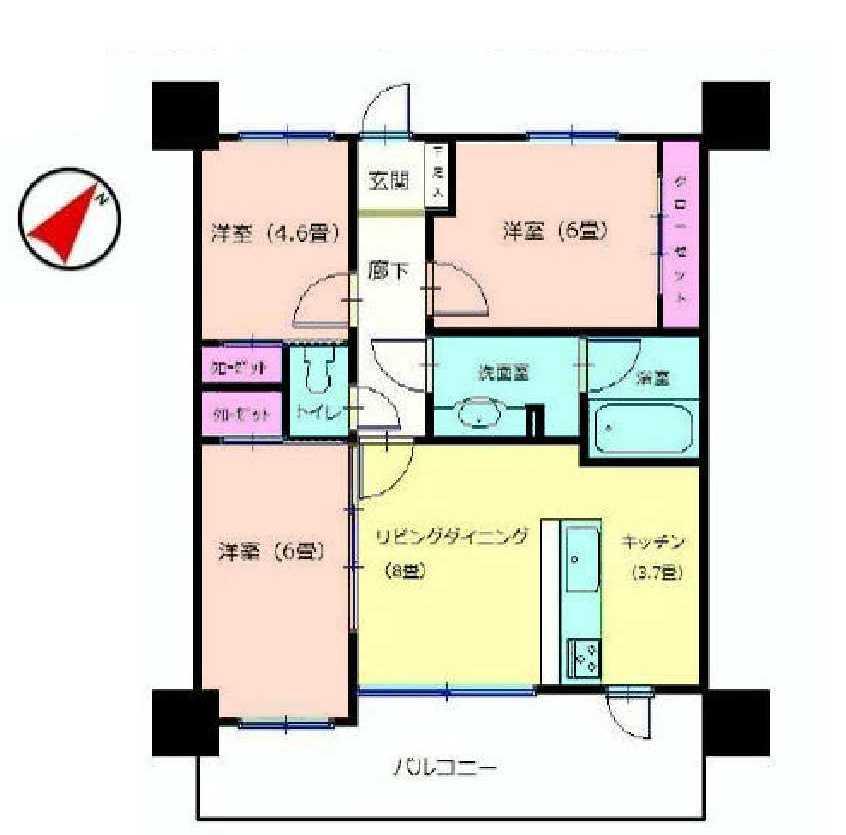 Floor plan. 3LDK, Price 29,800,000 yen, Occupied area 61.62 sq m , Balcony area 13 sq m 3LDK