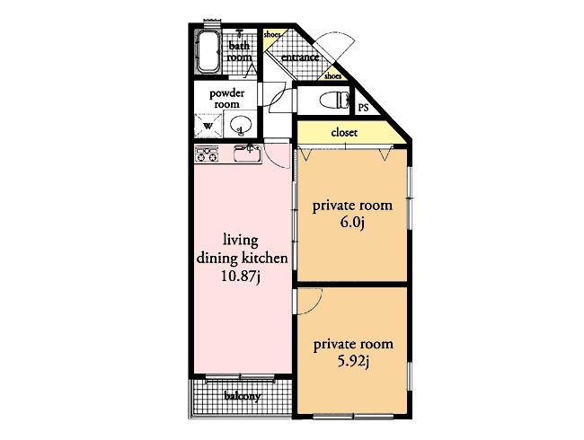Floor plan. 2LDK, Price 13.8 million yen, Footprint 52.5 sq m , Balcony area 3 sq m