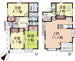 Floor plan. 40,800,000 yen, 4LDK, Land area 110.65 sq m , Building area 94.18 sq m LDK17.3 Pledge, 3 face lighting. Living and layout easy floor plan of the space of the dining. The 1F6.7 Pledge Western and 2F5 Pledge Western-style comes with a top light (skylight) is.