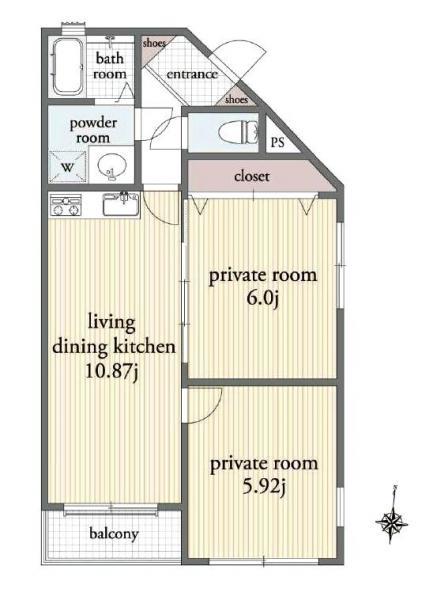 Floor plan. 2LDK, Price 13.8 million yen, Footprint 52.5 sq m , Balcony area 4.56 sq m