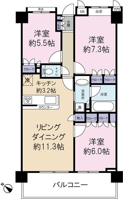 Floor plan. 3LDK, Price 26.5 million yen, Occupied area 70.01 sq m , Balcony area 11.7 sq m