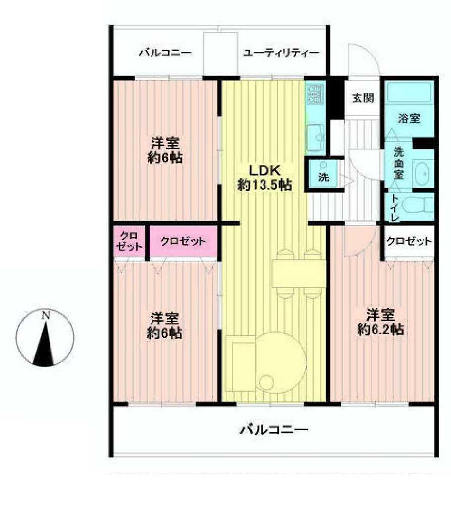 Floor plan. 3LDK, Price 13.5 million yen, Occupied area 65.61 sq m , Balcony area 9.72 sq m