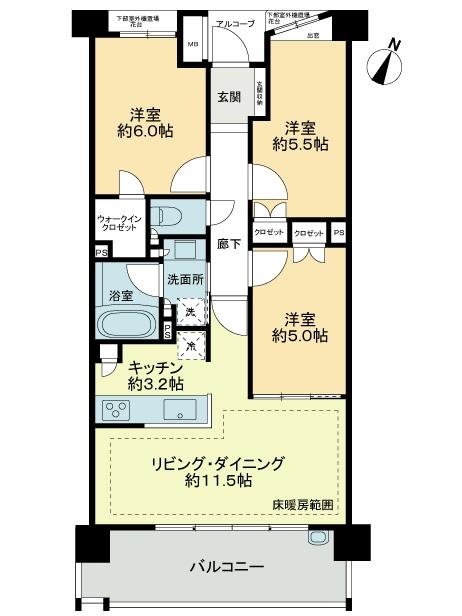 Floor plan. 3LDK, Price 34,900,000 yen, Footprint 67.4 sq m , Balcony area 11.26 sq m