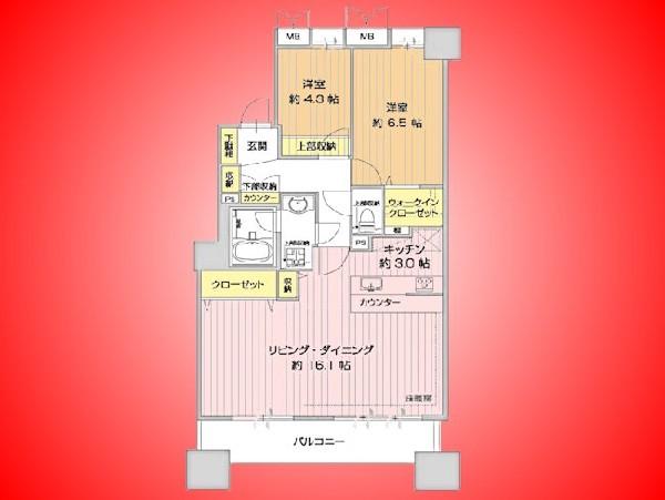 Floor plan. 2LDK, Price 35,800,000 yen, Occupied area 68.41 sq m , Balcony area 9.7 sq m