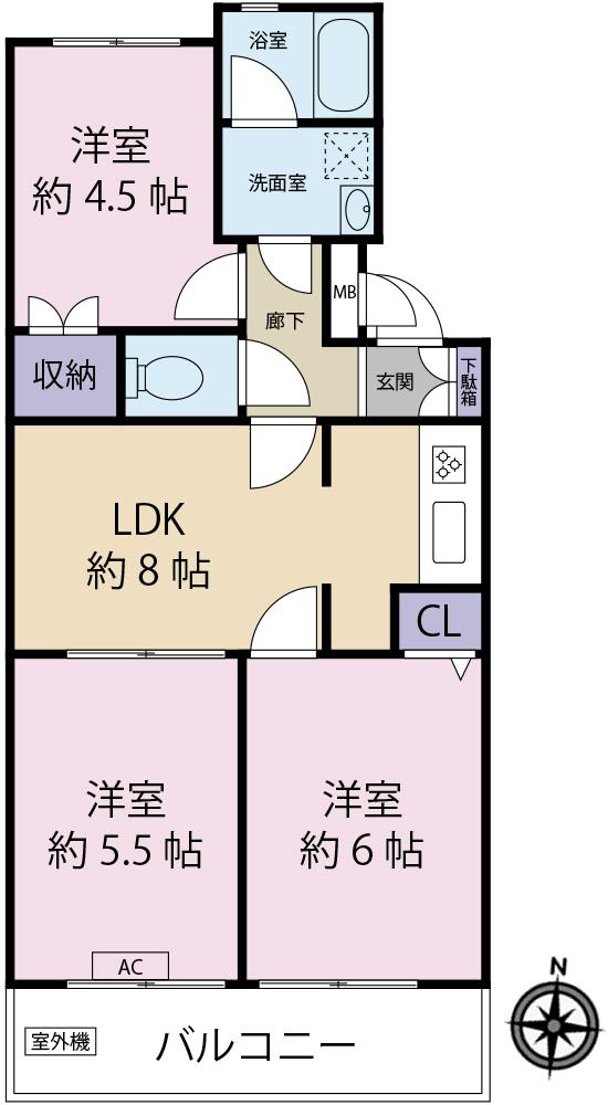 Floor plan. 3DK, Price 13.8 million yen, Occupied area 52.23 sq m , Balcony area 6.36 sq m