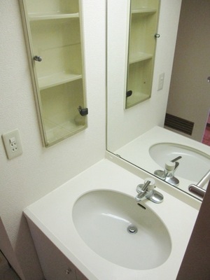 Washroom. It is housed rich basin with a upper cabinet
