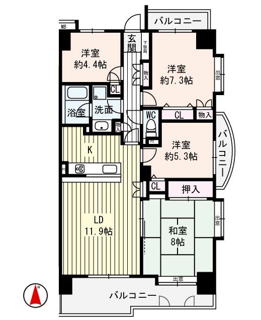 Floor plan. 4LDK, Price 27,800,000 yen, Occupied area 86.25 sq m , Balcony area 17.53 sq m