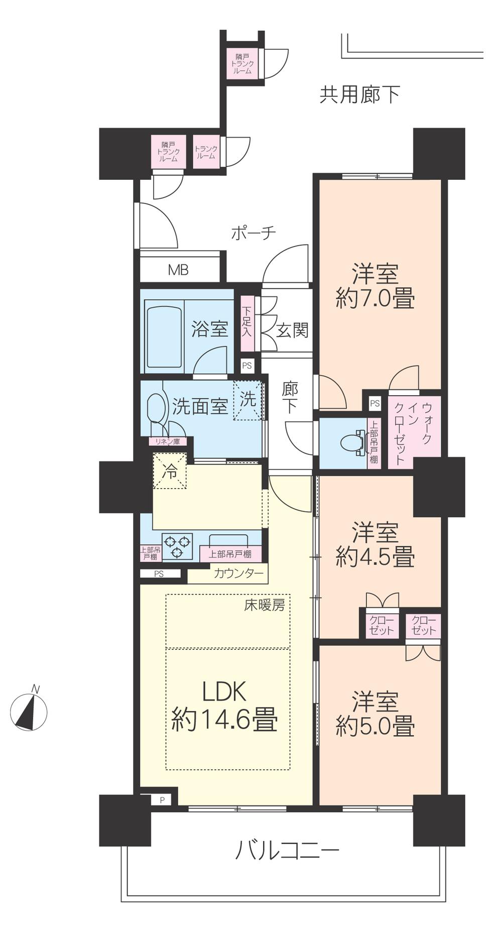 Floor plan. 3LDK, Price 47,800,000 yen, Occupied area 67.69 sq m , Balcony area 11.42 sq m 3LDK + W + trunk room