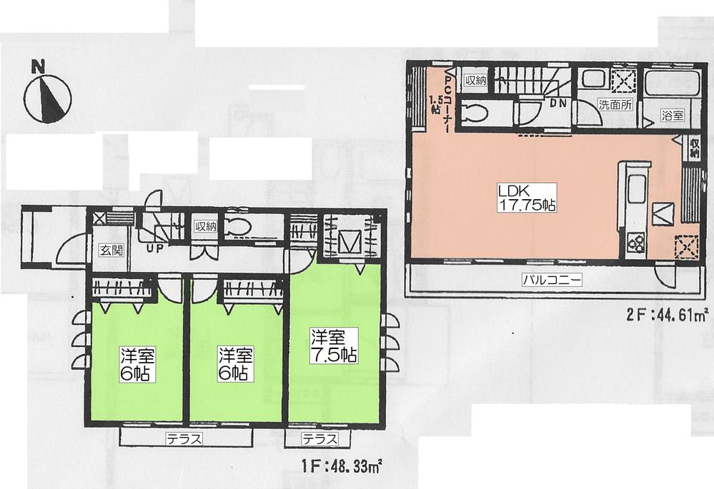 Floor plan. (1 Building), Price 53,430,000 yen, 3LDK, Land area 109.74 sq m , Building area 92.94 sq m