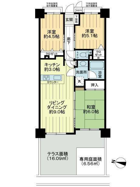 Floor plan. 3LDK, Price 20.8 million yen, Occupied area 61.78 sq m 3LDK! Private garden with! Flooring other than Japanese-style room! Face-to-face counter kitchen