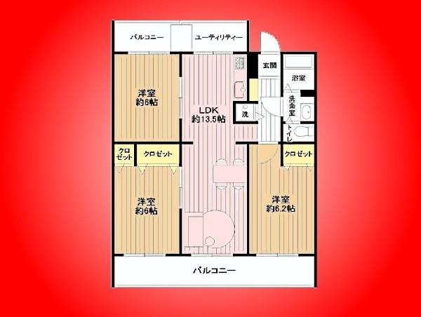 Floor plan. 3LDK, Price 13.5 million yen, Occupied area 65.61 sq m , Balcony area 9.72 sq m