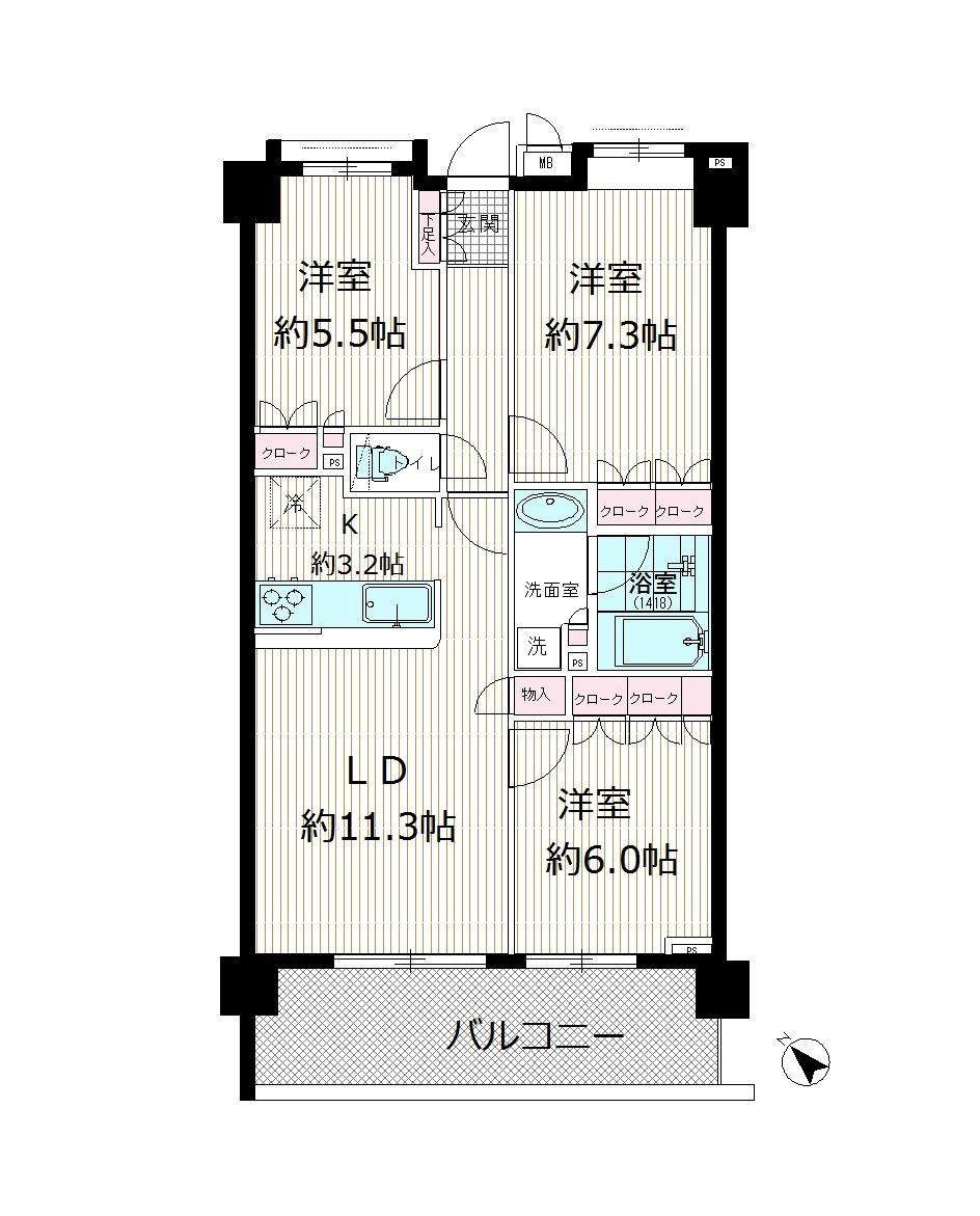 Floor plan. 3LDK, Price 26.5 million yen, Occupied area 70.01 sq m , Face-to-face with kitchen counter overlooking the balcony area 11.7 sq m living