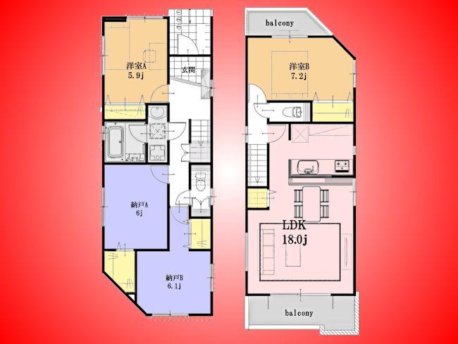 Floor plan. (A Building), Price 32,800,000 yen, 2LDK+2S, Land area 99.79 sq m , Building area 99.42 sq m