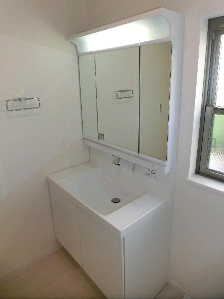 Wash basin, toilet. Washstand of triple mirror. Pat groomed in this!