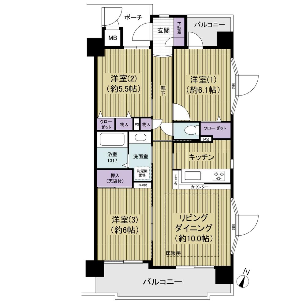 Floor plan. 3LDK, Price 19,800,000 yen, Occupied area 69.31 sq m , Balcony area 12.8 sq m