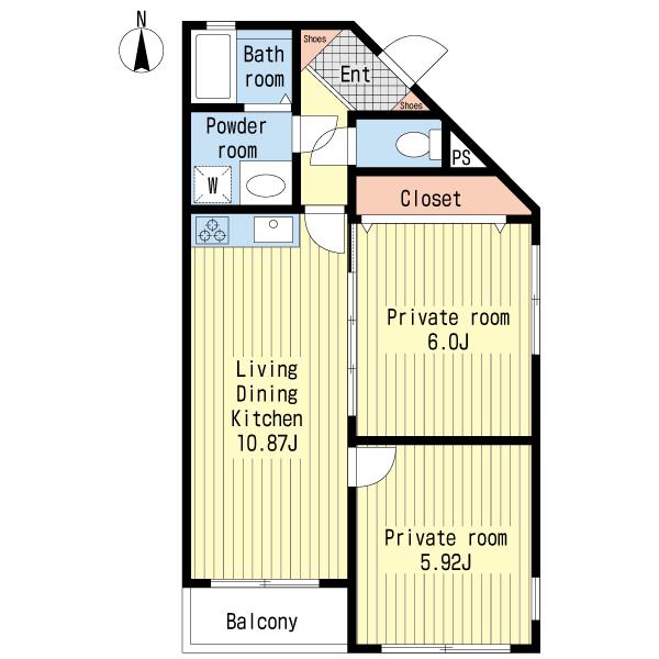 Floor plan. 2LDK, Price 13.8 million yen, Footprint 52.5 sq m , Balcony area 3 sq m