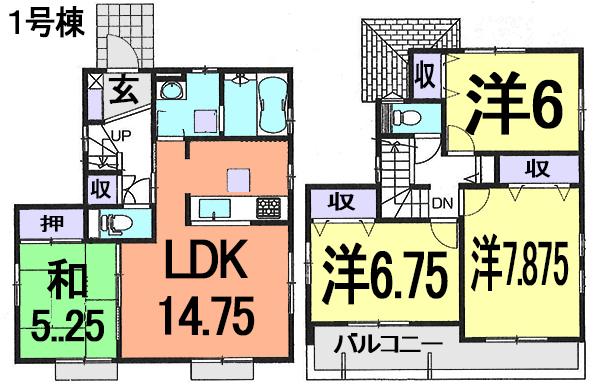 Floor plan. (1 Building), Price 39,800,000 yen, 4LDK, Land area 108.87 sq m , Building area 96.26 sq m