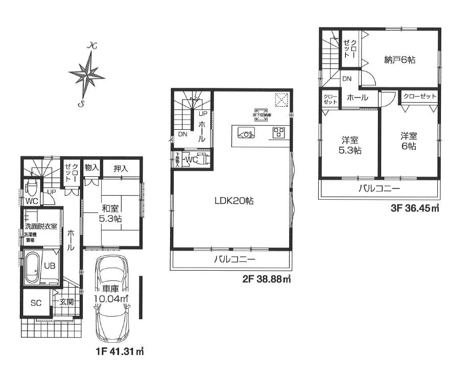Floor plan. (3 Building), Price 42,800,000 yen, 4LDK, Land area 66.1 sq m , Building area 116.64 sq m