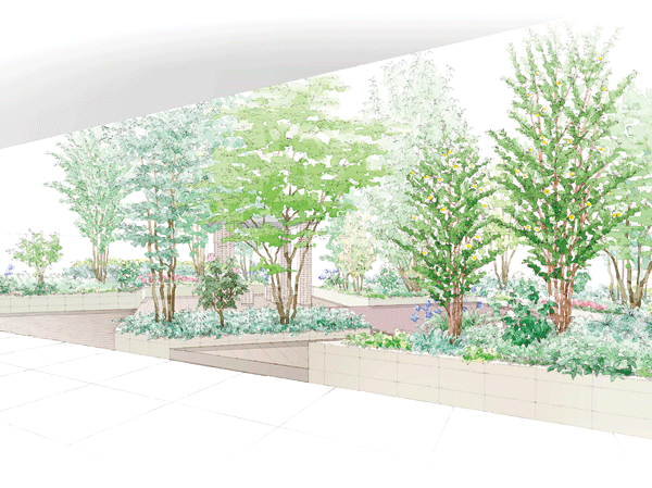 Features of the building.  [Community garden as a landscape] Community Garden, which nestled the bench of the Talking. Color with beautiful planting, It was designed to step floor style, It is an open space where three-dimensional change and depth are felt. (Community garden planting Rendering Illustration)