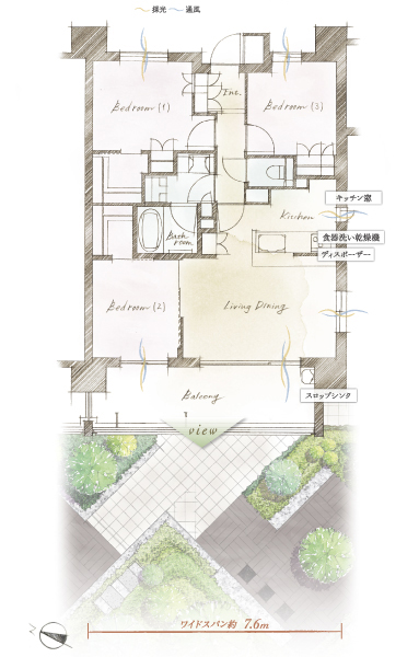 Fun Mel the moisture of the community garden from the balcony [Second floor C type floor plan illustrations] Listings image illustration which was piled up on the ground floor community garden part in the drawing of the second floor C type, In fact a slightly different