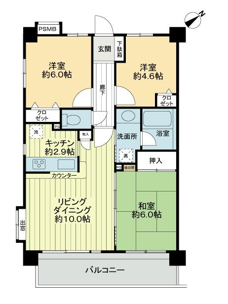Floor plan. 3LDK, Price 19,800,000 yen, Occupied area 63.36 sq m , Balcony area 9 sq m