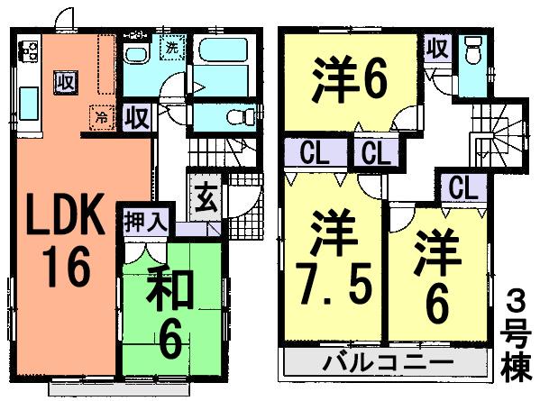 Floor plan. (3 Building), Price 25,800,000 yen, 4LDK, Land area 123.78 sq m , Building area 99.36 sq m