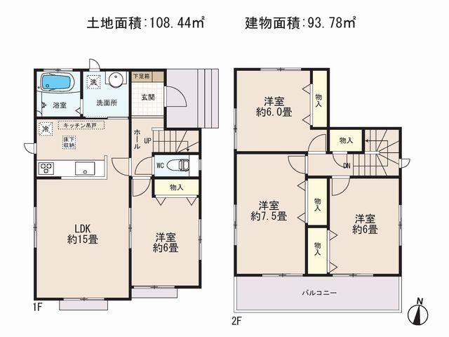 Floor plan. (E Building), Price 24,800,000 yen, 4LDK, Land area 108.44 sq m , Building area 93.78 sq m