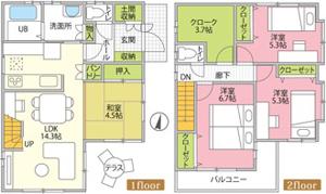 Floor plan. 23.8 million yen, 4LDK, Land area 100.76 sq m , Living stairs to the building area 94.39 sq m popular face-to-face kitchen.  The bedroom was provided with a WC.  Easy-to-use 4LDK. 