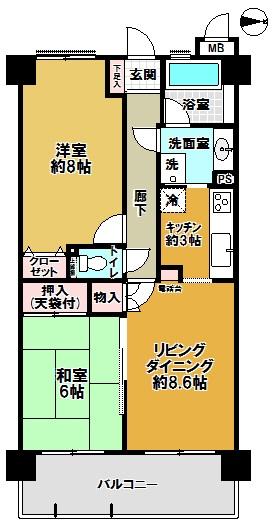 Floor plan. 2LDK, Price 8.8 million yen, Occupied area 59.74 sq m , Balcony area 11.16 sq m