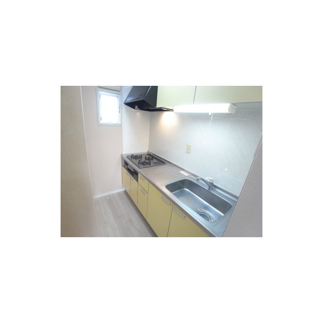 Kitchen. System kitchen yellow panel shine