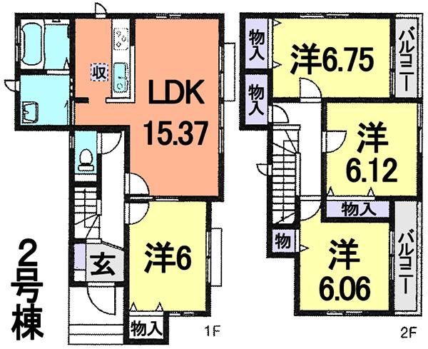 Floor plan. (Building 2), Price 24,800,000 yen, 4LDK, Land area 121.8 sq m , Building area 96.05 sq m