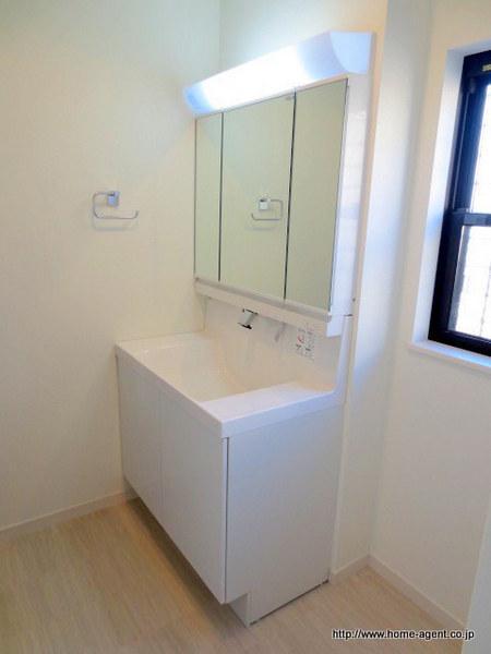 Wash basin, toilet. Good three-sided mirror type of usability