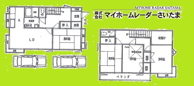 Floor plan. 17.5 million yen, 4LDK, Land area 109.22 sq m , Building area 93.56 sq m garage two Allowed ☆ Everyone will be satisfied firm of floor plan 4LDK family. ☆ Entrance hall there is a feeling of freedom in the stairwell. ☆ Shopping is also convenient in a 10-minute walk to the station