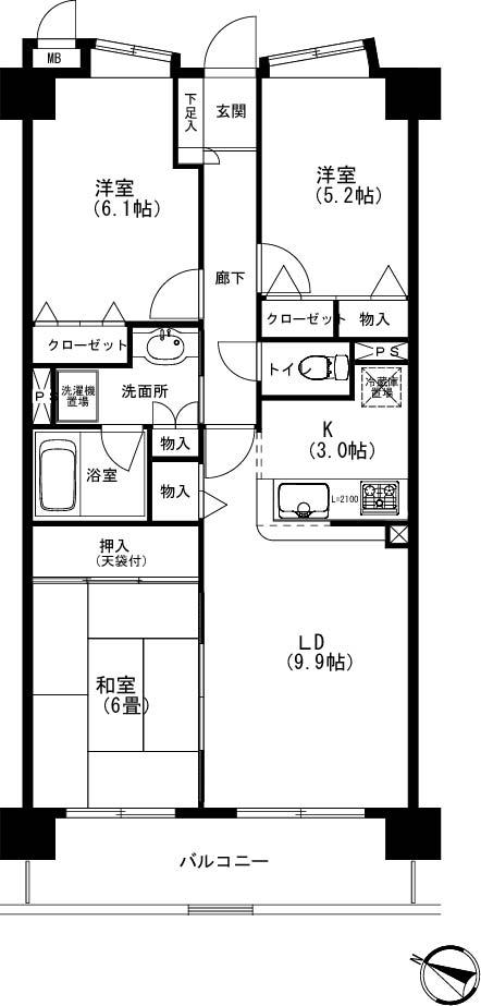 Floor plan. 3LDK, Price 12.9 million yen, Footprint 69.4 sq m , Balcony area 9 sq m Cross ・ Western-style carpet new re-covered already! Housing wealth! Pets Allowed!