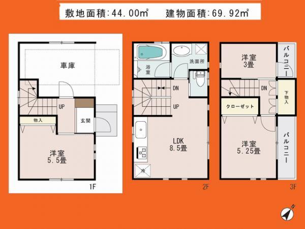 Floor plan. 22,800,000 yen, 3LDK, Land area 44 sq m , Building area 69.92 sq m