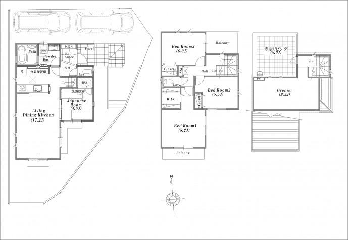 Floor plan. (E Building), Price 38,500,000 yen, 4LDK+2S, Land area 140.23 sq m , Building area 101.02 sq m