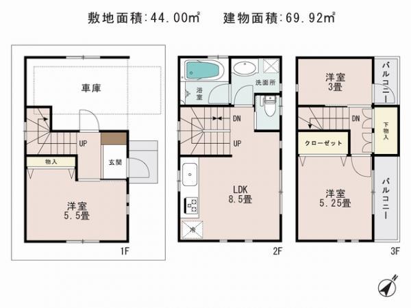 Floor plan. 22,800,000 yen, 3LDK, Land area 44 sq m , Building area 69.92 sq m