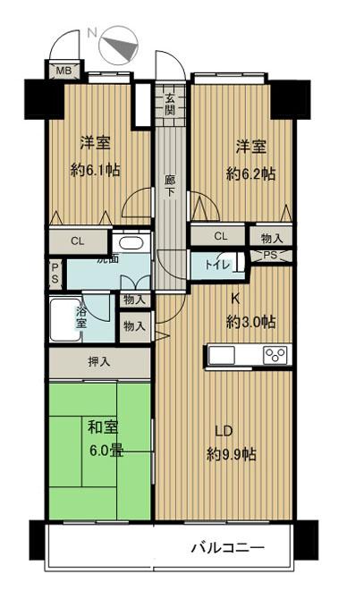 Floor plan. 3LDK, Price 12.9 million yen, Footprint 69.4 sq m