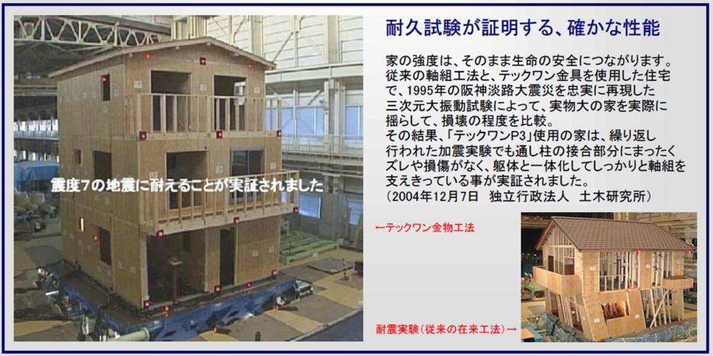 Construction ・ Construction method ・ specification. The strength of the house, It will lead directly to the life safety. By faithfully reproducing three-dimensional large vibration test the Great Hanshin Earthquake of 1995, Actually rock the life-size house, Comparing the extent of damage. as a result, "Tekkuwan P3" use of the house, There is no completely displacement and damage to the joint portion of the continuous columns also repeated the experiment Cassin, It has been demonstrated to be fully support the tightly framing integrated with precursor. (Public Works Research Institute, December 7, 2004)