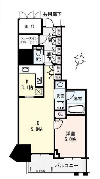 Floor plan. 1LDK, Price 24,800,000 yen, Occupied area 45.18 sq m , Balcony area 6.03 sq m