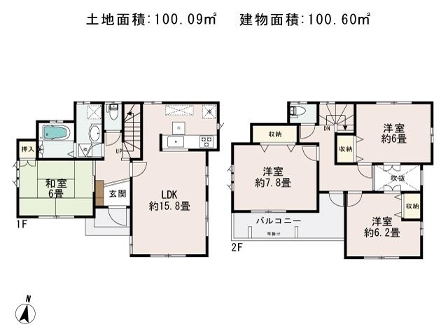 Floor plan. (6 Building), Price 35,900,000 yen, 4LDK, Land area 100.09 sq m , Building area 100.6 sq m