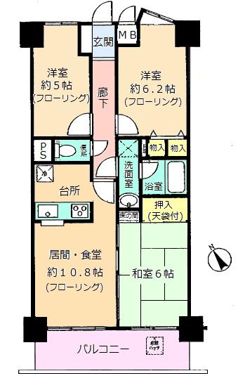 Floor plan. 3LDK, Price 14.8 million yen, Occupied area 62.64 sq m , Balcony area 8.7 sq m