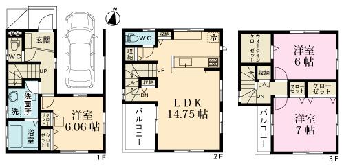 Floor plan. (1 Building), Price 28,950,000 yen, 3LDK, Land area 62.92 sq m , Building area 101.62 sq m
