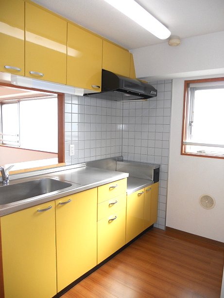 Kitchen. Popular face-to-face counter kitchen, Small window with